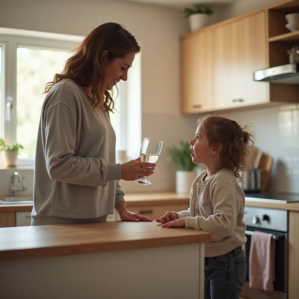 Mother-Offering-Glass-of-Water-to-Child-in-Kitchen-Child-Refusing