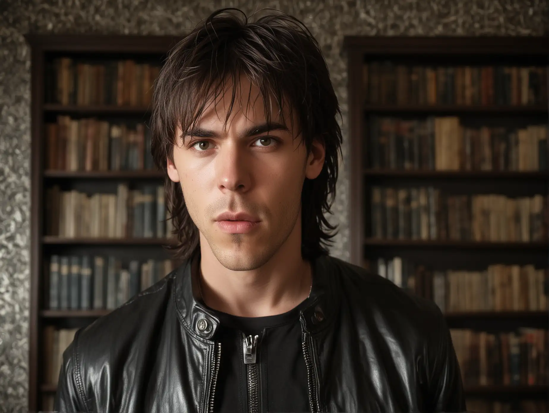 Man-in-Black-Leather-Jacket-in-Dimly-Lit-Room-with-Antique-Books