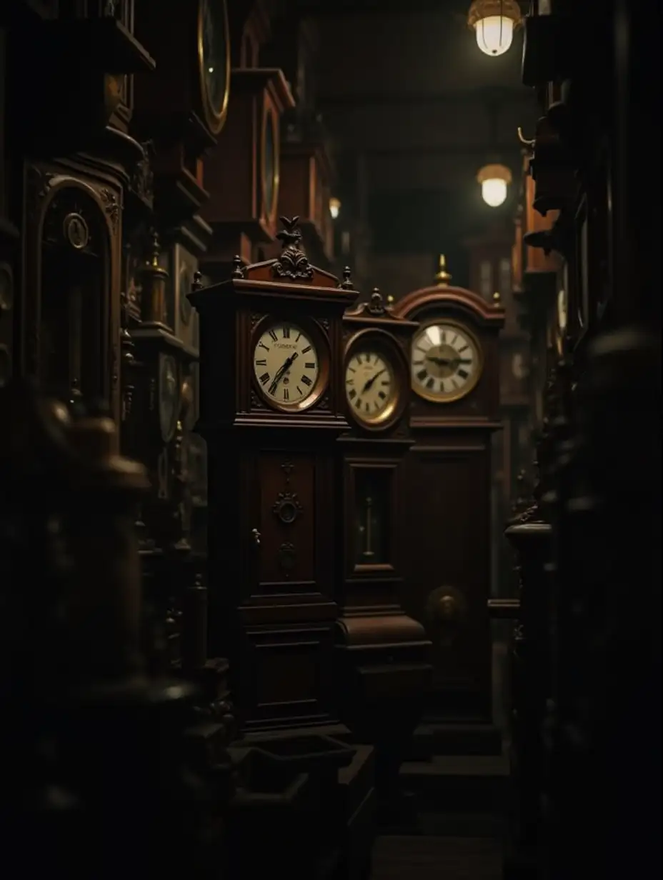 Dimly lit clock shop with antique clocks ticking in the background. The air is filled with the faint hum of machinery.