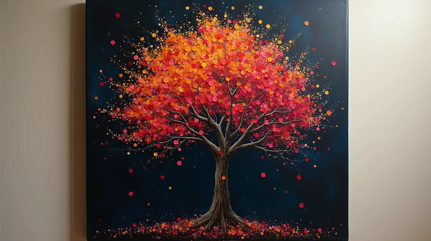 black canvas, acrylic painting idea, colorful tree