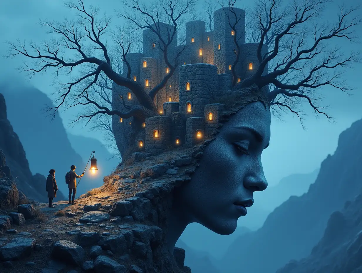 Creating a digital painting face with hair transformed into buildings with silver stones and Illuminated trees with branches and lantern and alien creatures on a mountain blue sky and Hagen