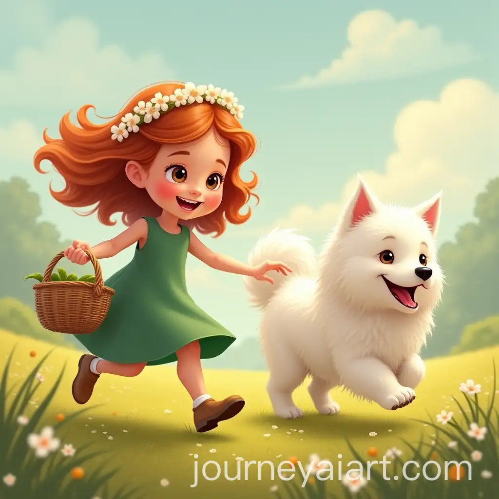 Young-Girl-with-Picnic-Basket-and-Samoyed-Dog-in-Meadow