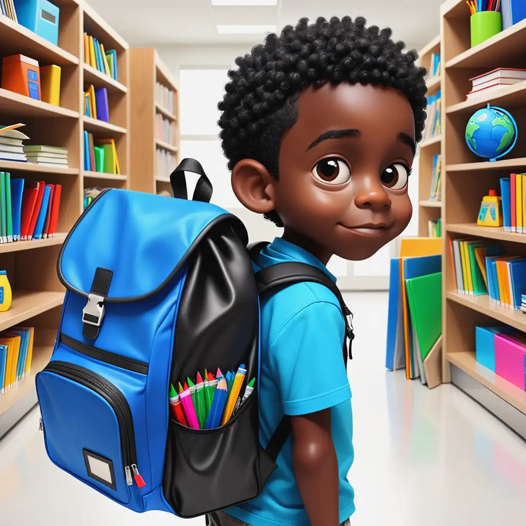 Young African American Boy with Open Blue Bookbag and School Supplies