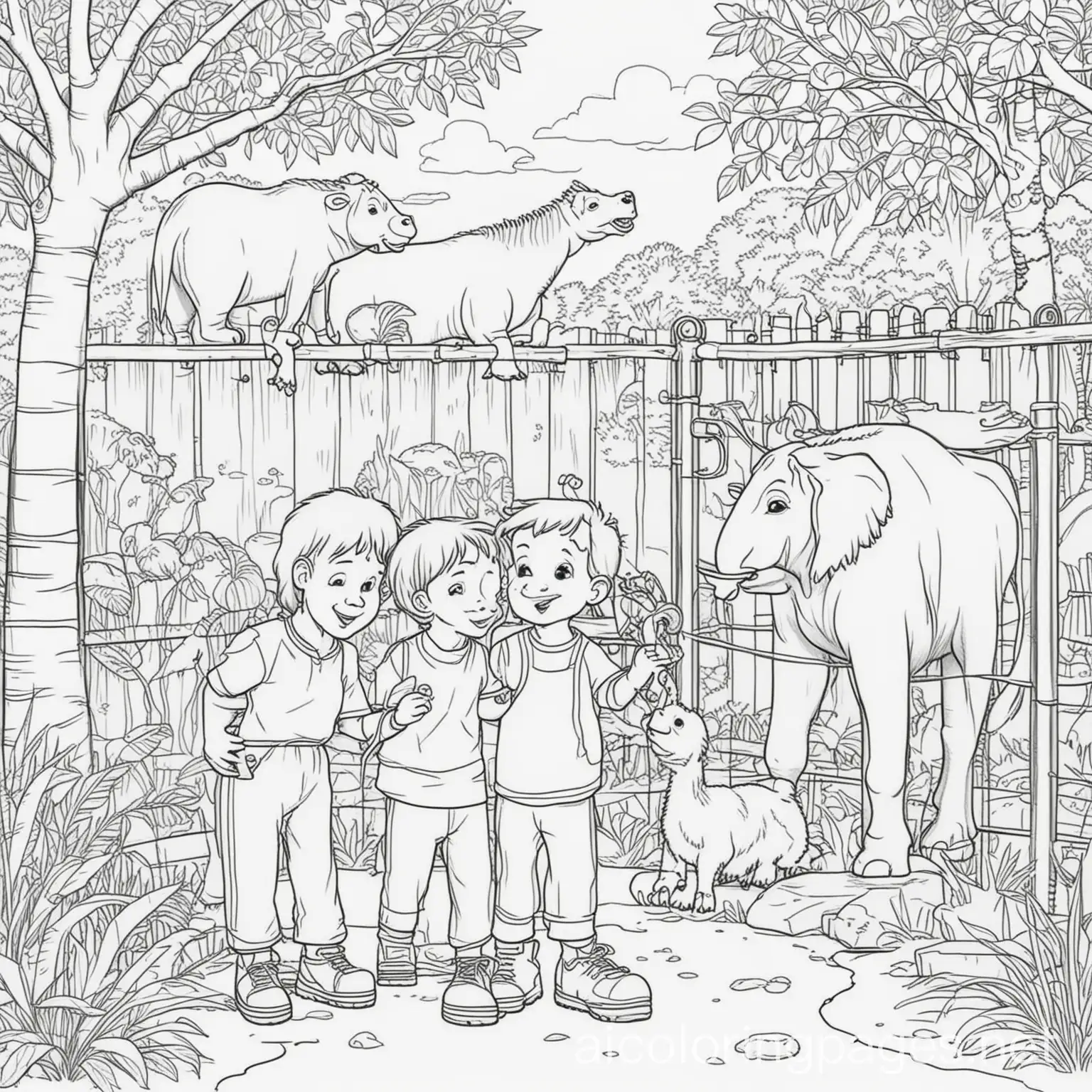 Children-Interacting-with-Zoo-Animals-Coloring-Page