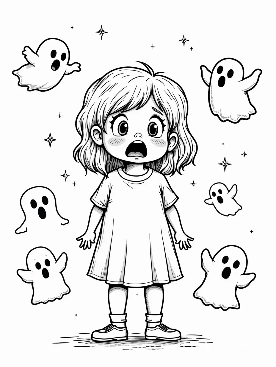 Little-Girl-Scared-by-Ghosts-and-Twinkles-in-a-Color-Book-Illustration