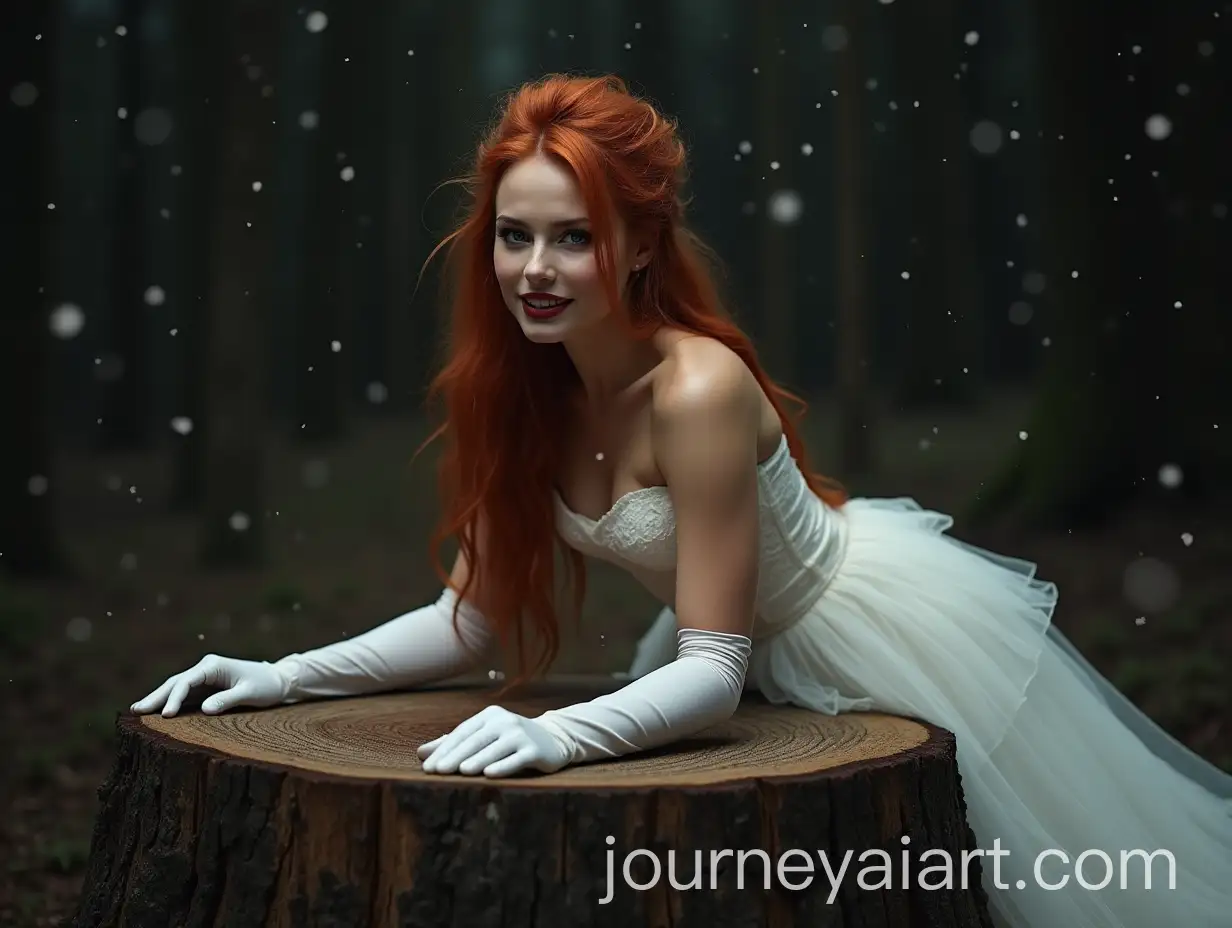 Triumphant-Bride-Crawling-on-Tree-Stump-in-Snowy-Woods