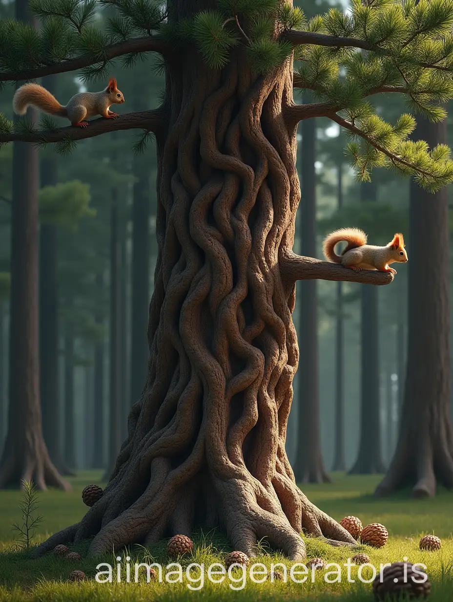 Squirrels-Searching-for-Nuts-in-a-Pine-Forest-with-Carved-Tree-Knot