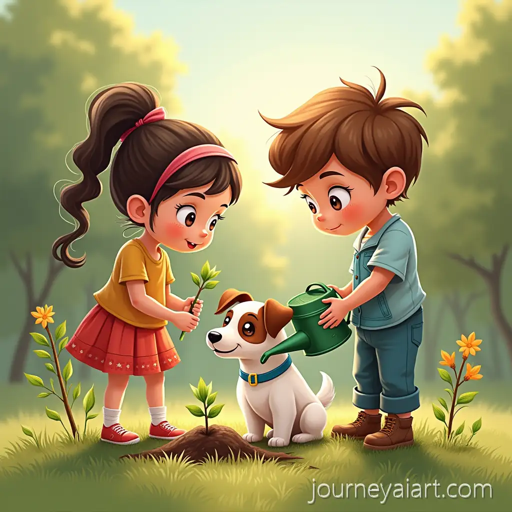 Little-Girl-and-Boy-Watering-Tree-SapAlya-Timo-and-Bimmo-Watering-Treeslings-with-Their-Puppy
