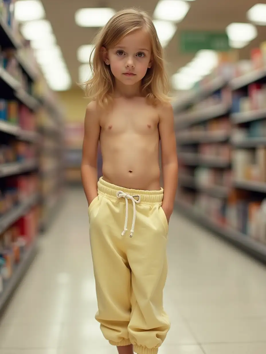 Slender-Little-Girl-in-Yellow-Sweatpants-Posing-in-Store