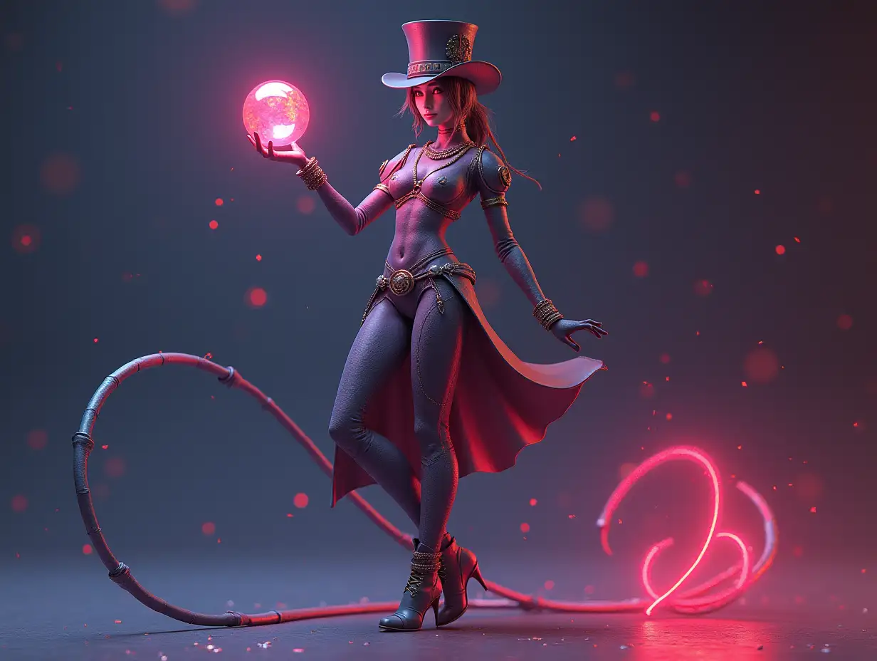 a very long 3-D female figure with very thin legs and very long thin arms with top hat and boots and wearing jewelry.and has a glowing ball in the hand 4K resolution Colorful