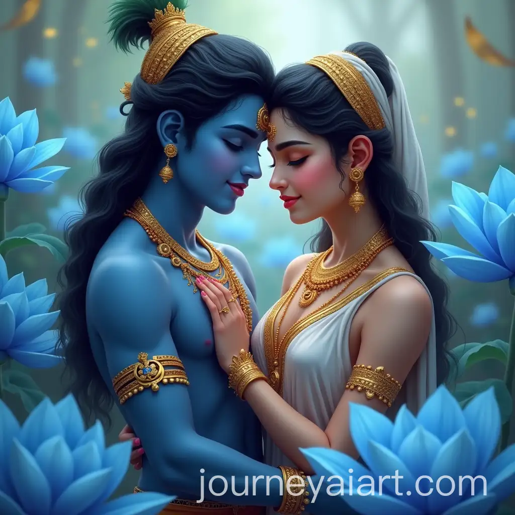Krishna-and-Radha-Embracing-in-a-Serene-Garden-with-Lotus-Flowers