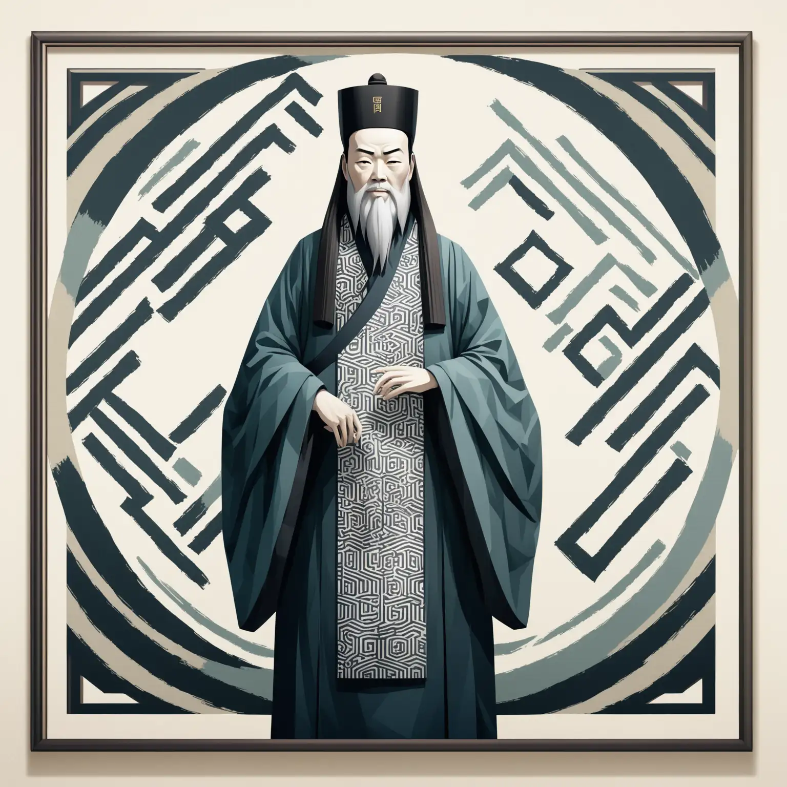 Modern-Minimalist-Portrait-of-Confucius-with-Abstract-Calligraphy-Patterns