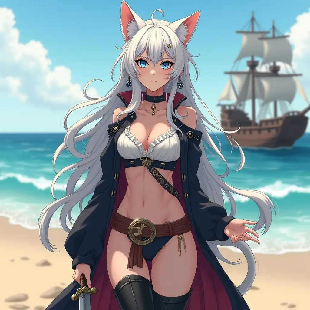 A mature adult tall feline/woman dressed as a pirate with a sword on a beach. A pirate ship in the background. Her 30-something years are disguised by her youthful facial features, except for her subtle wrinkles around the eyes, extremely slender body. Her ample bosom strains against her clothing, threatening to burst free from the fabric, extreme cleavage. Midriff. Wearing black thigh high pirate boots. She has piercing blue cat eyes. A choker adorns her neck, a subtle hint at her feline nature. Her long, white hair cascades down her back like a wild waterfall, tangled and disheveled. Her cat-like teeth glint in the light, as her white fur-lined ears punctuate her visage with sparkling black and gold earring adorns each ear, adding a touch of elegance to her feline features. Cat whiskers on her face. The attached tail at the base of her spine stirs lazily. Long fingernails. Full body view. Anime.