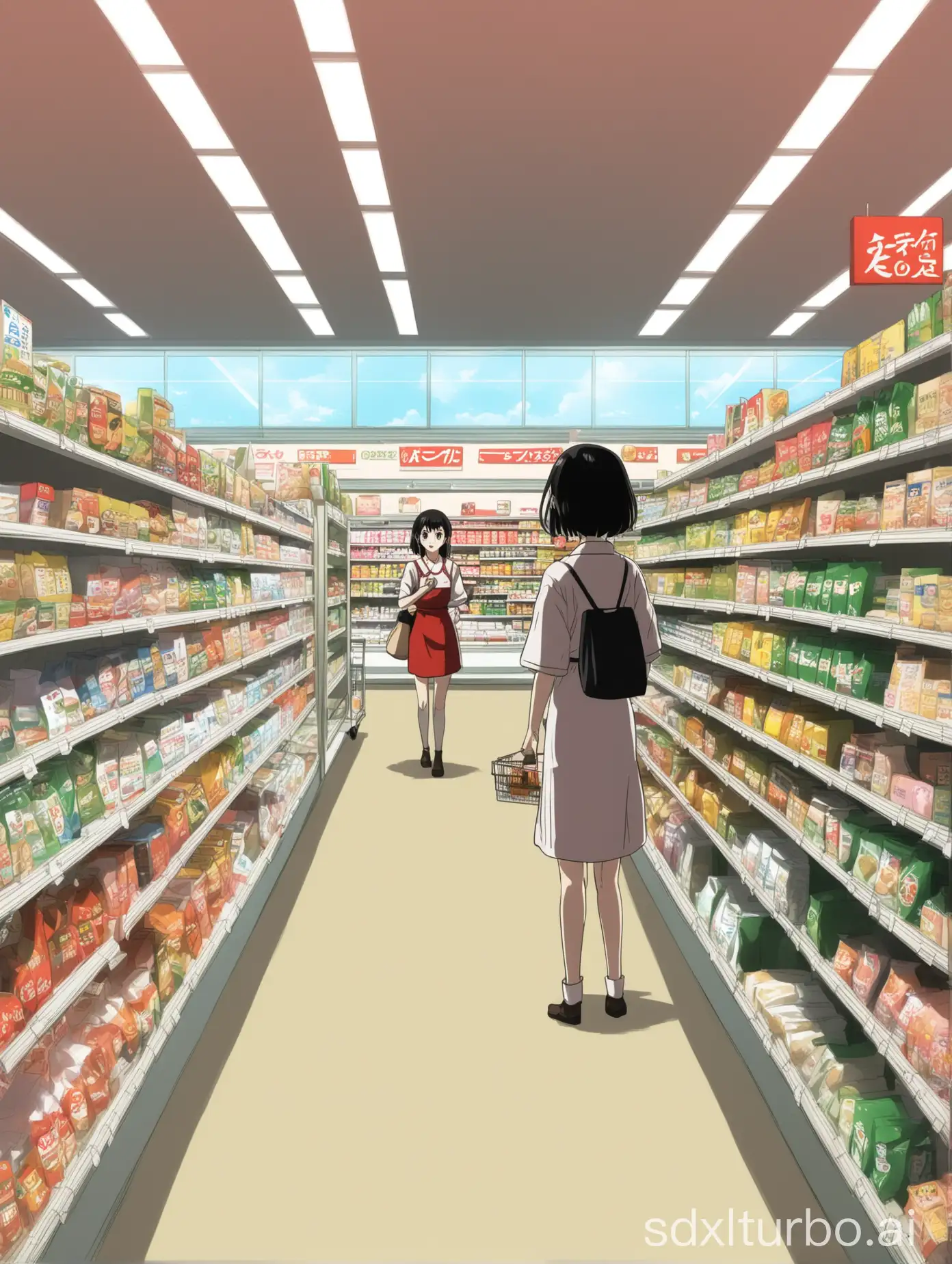 anime style japanese supermarket with customer in the background