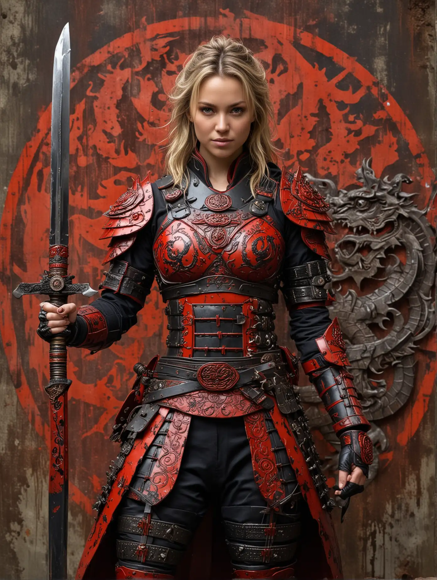 Warrior-Woman-in-Samurai-Armor-with-Crossed-Swords