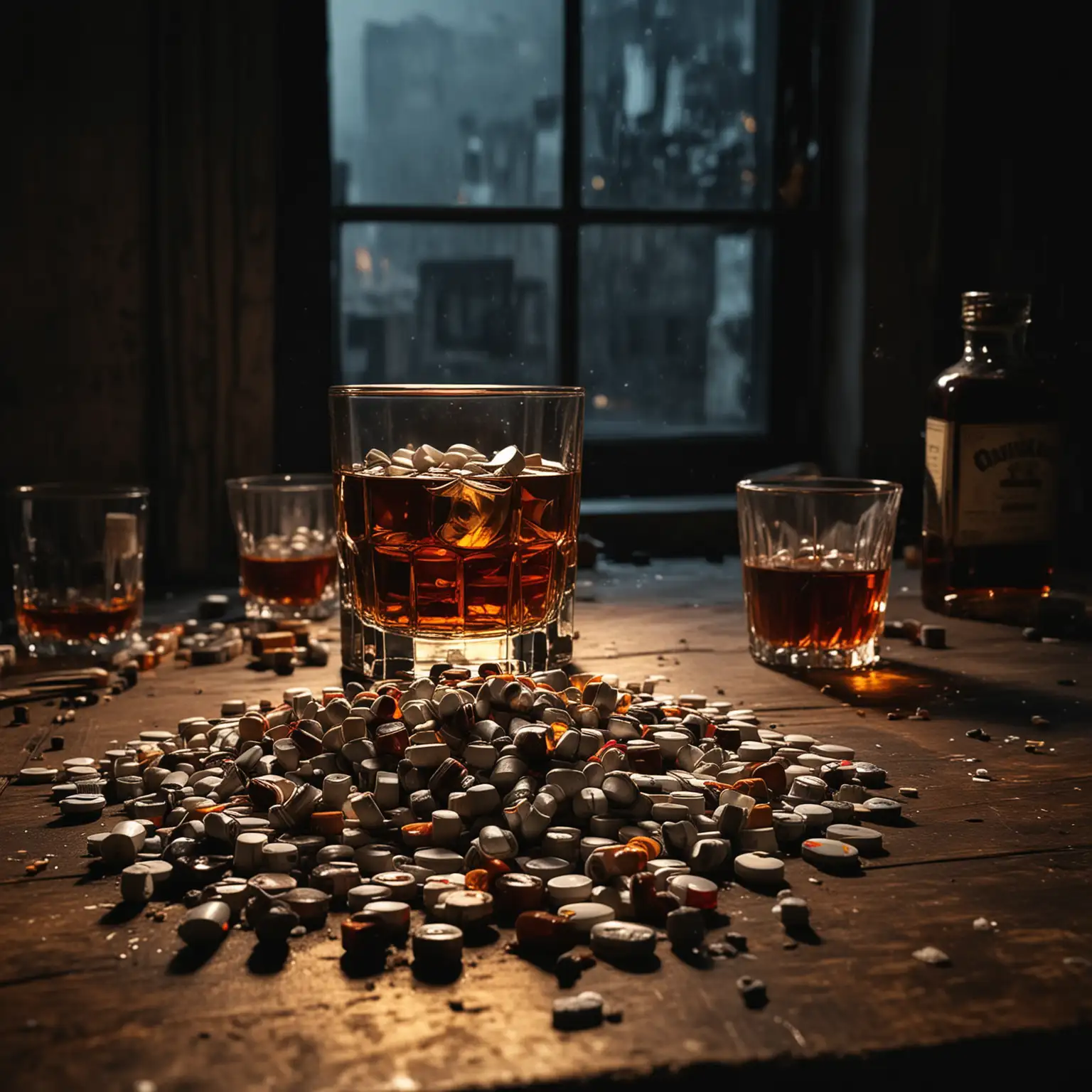 Dark Night Scene with Whiskey Bottles and Cigarette Ash