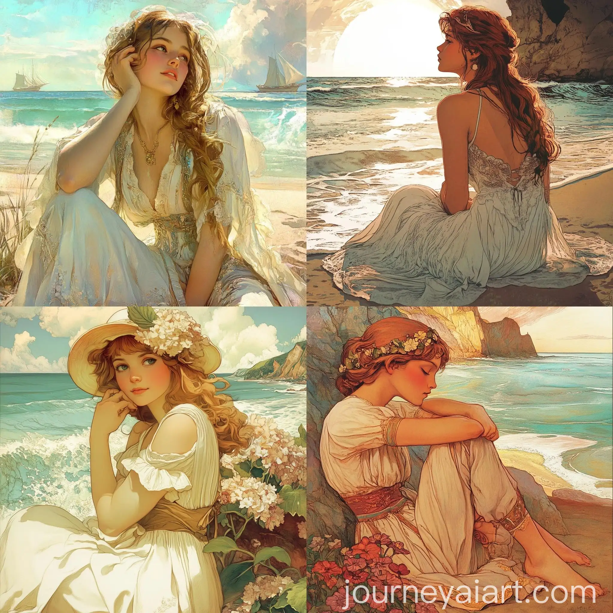 Art-Nouveau-Style-Illustration-of-a-Girl-at-the-Beach-by-Mucha