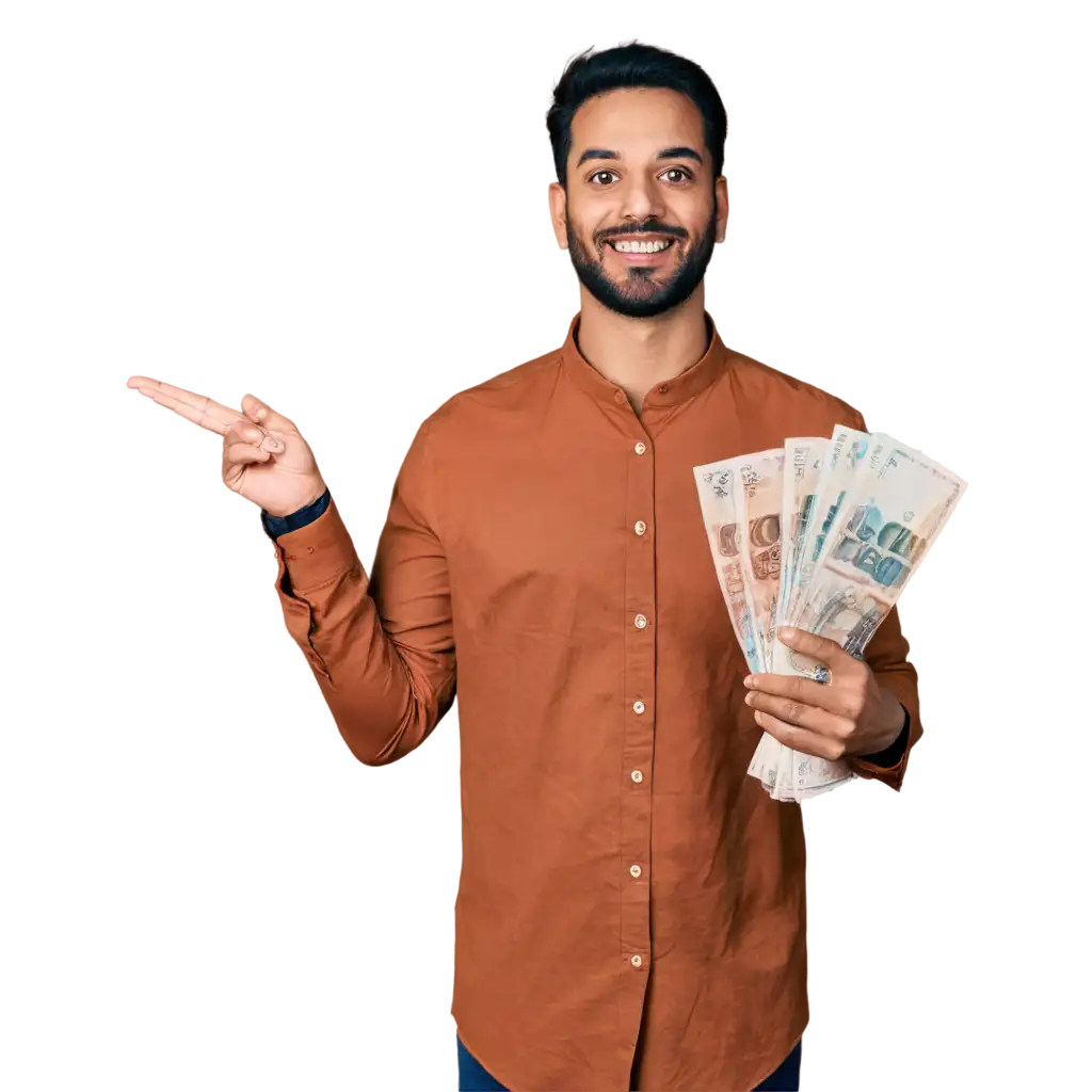 Portrait of happy Indian man pointing at rupee notes isolated on beige studio background. Money saving and investing concept.