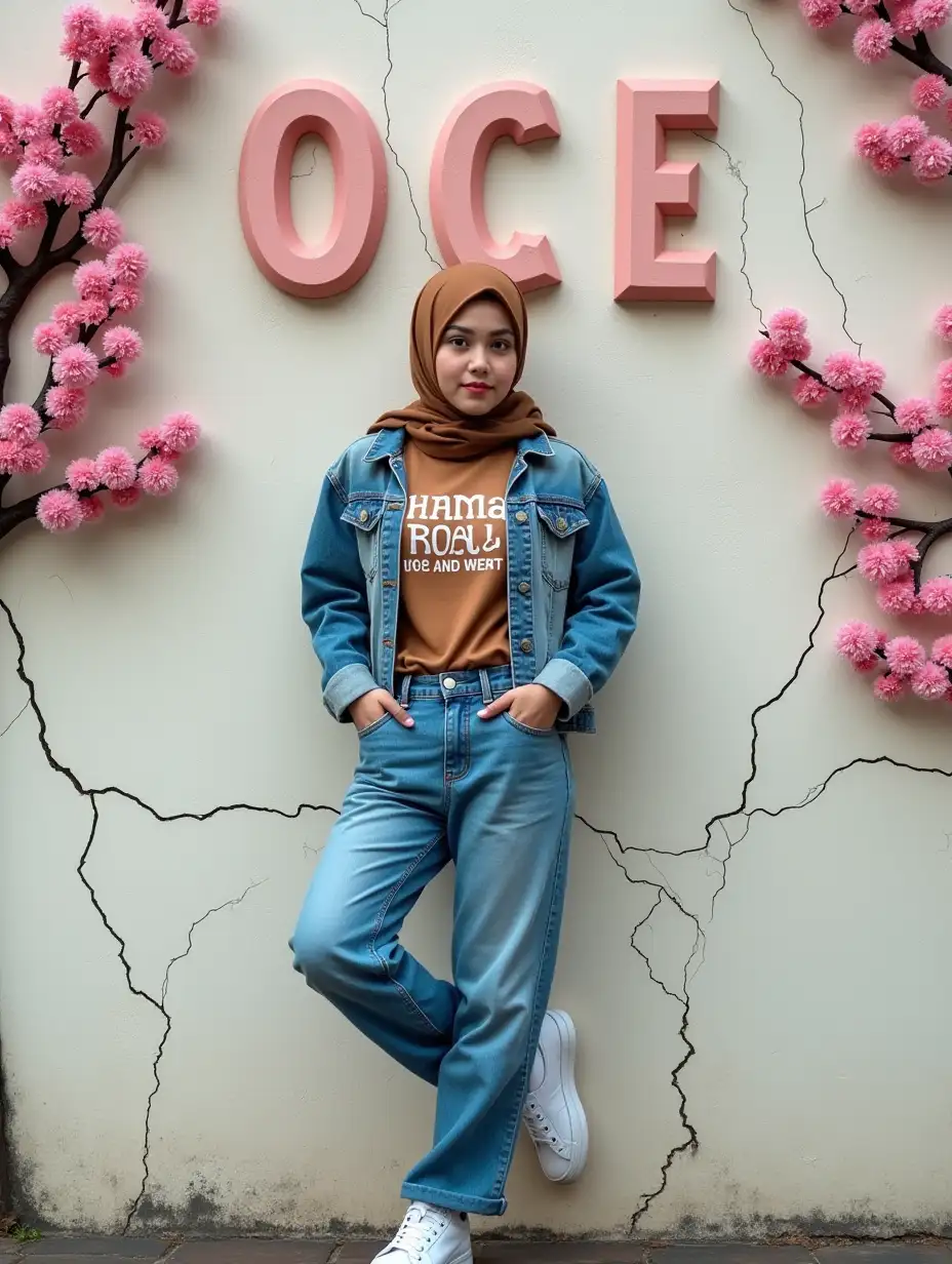 Young-Woman-in-Beehijab-with-Denim-Outfit-and-Cherry-Blossom-Wall-Art