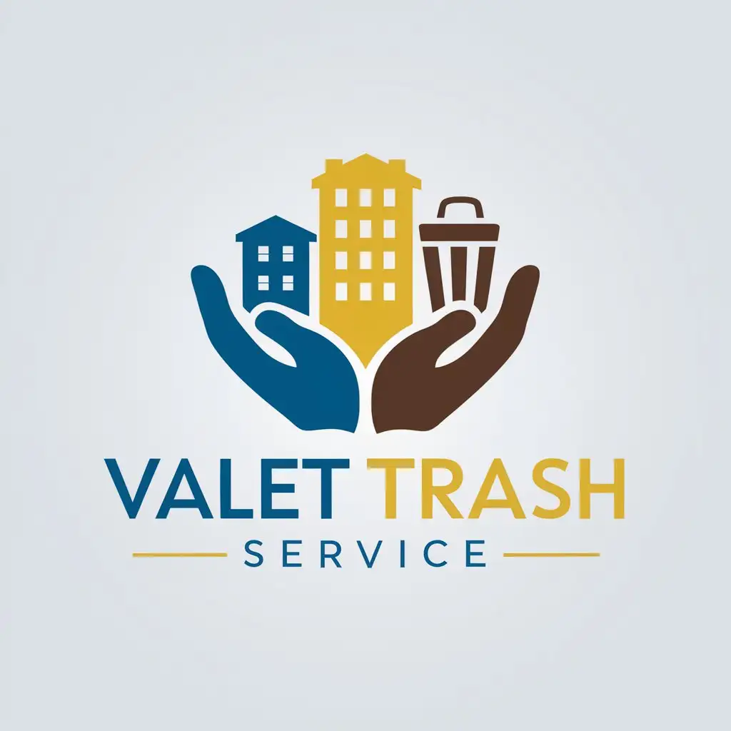 LOGO Design for Valet Trash Service Helping Hand Symbol with Apartment Buildings and Trash Can