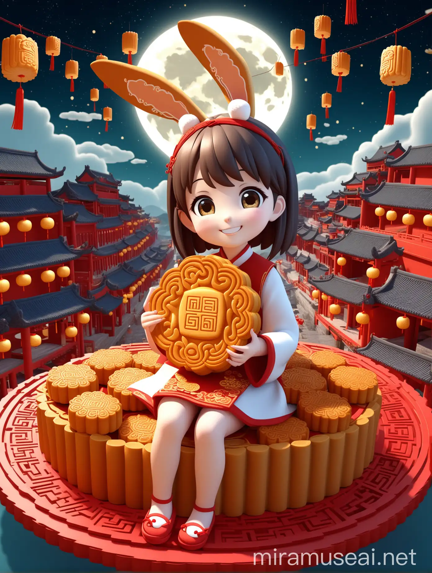 Cute Cartoon Girl with Rabbit Ears Sitting on Mooncake