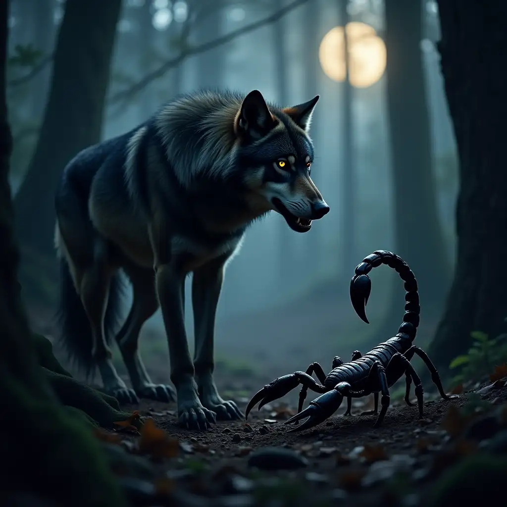 In a dimly lit forest, the air is thick with tension as a muscular wolf stands upright, his powerful silhouette silhouetted against the moonlight. The wolf's fur is a deep, dark gray, with a sheen that accentuates its rippling muscles. His eyes, shining like molten gold, are intently fixed on a formidable scorpion that has emerged from the undergrowth. The scorpion, with its sleek black exoskeleton, is equally intimidating. Its pincers rise menacingly and its long, curved tail arches upward, ready to attack. The contrast between the raw, primal strength of the wolf and the deadly precision of the scorpion creates an electric atmosphere. The ground beneath them is strewn with fallen leaves and twigs, which rustle softly as the wolf shifts position, muscles taut like springs. The wolf emits a low growl, a deep rumble that echoes in the stillness of the night, while the scorpion rattles its pincers in response, a sharp, menacing sound. In this confrontation, both creatures embody the essence of danger: one is a symbol of ferocity and loyalty, the other is a master of stealth and poison. The forest holds its breath, as if aware that a battle between these two formidable predators could break out at any moment, each waiting for the other to make the first move.