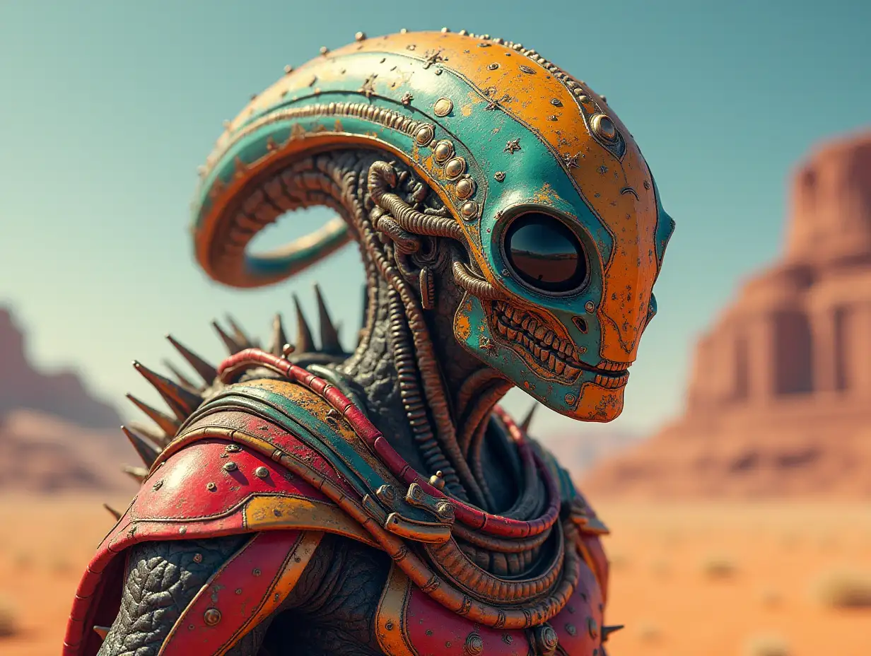 Hyperrealistic portrait of a gpanzerter metal alien king 10 meters tall with the elaborately detailed, colorful desert planet background