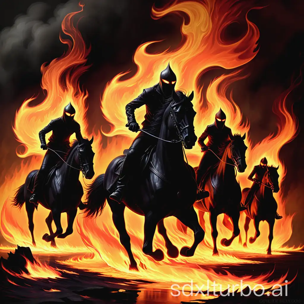 Dark riders emerging from flames