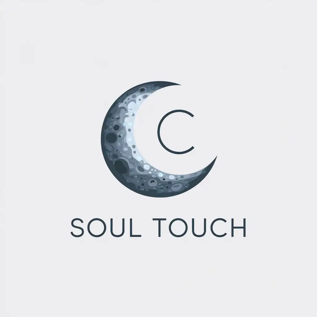 a vector logo design,with the text "soul touch", main symbol:the logo of the brand "Soul tocuh", in which the letter "c" in the word "touch" is in the form of a beautiful glowing gray-blue planet moon crescent moon,Minimalistic,clear background