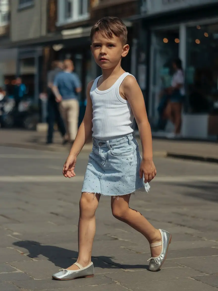 little young boy wearing white tanktop and light blue denim mini skirt with white dots and silver mary jane ballet flats and walking in town