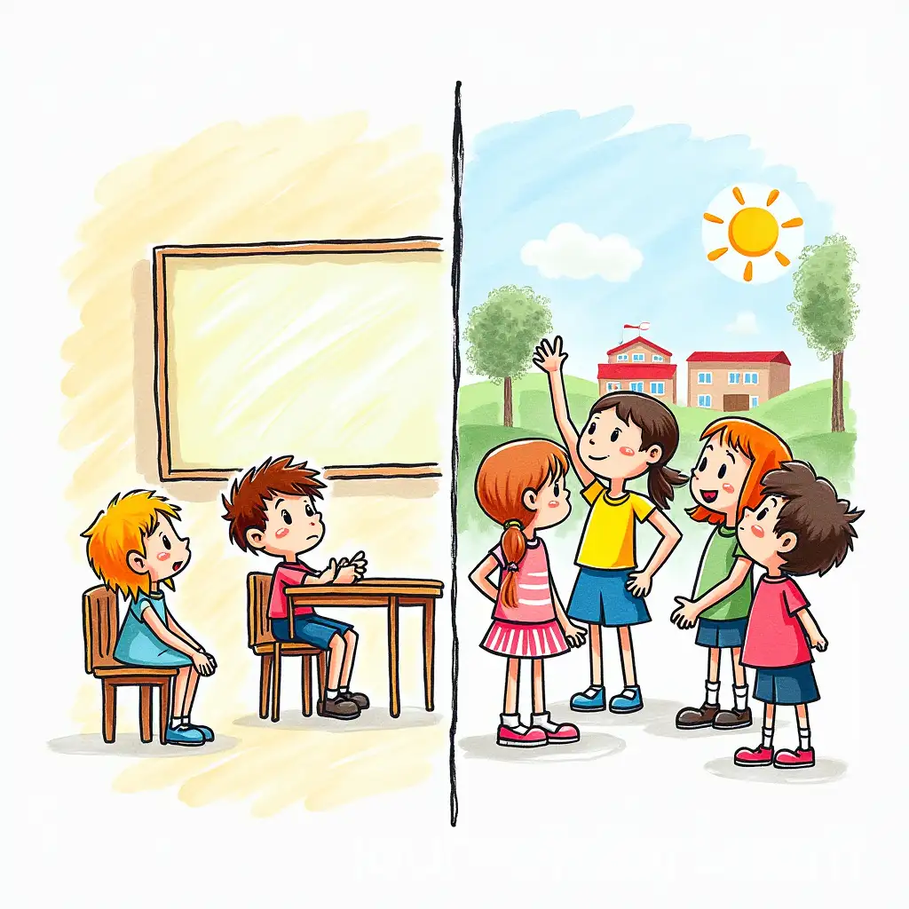 Contrasting-School-Scenarios-Isolation-vs-Encouragement-in-Childlike-HandDrawn-Style