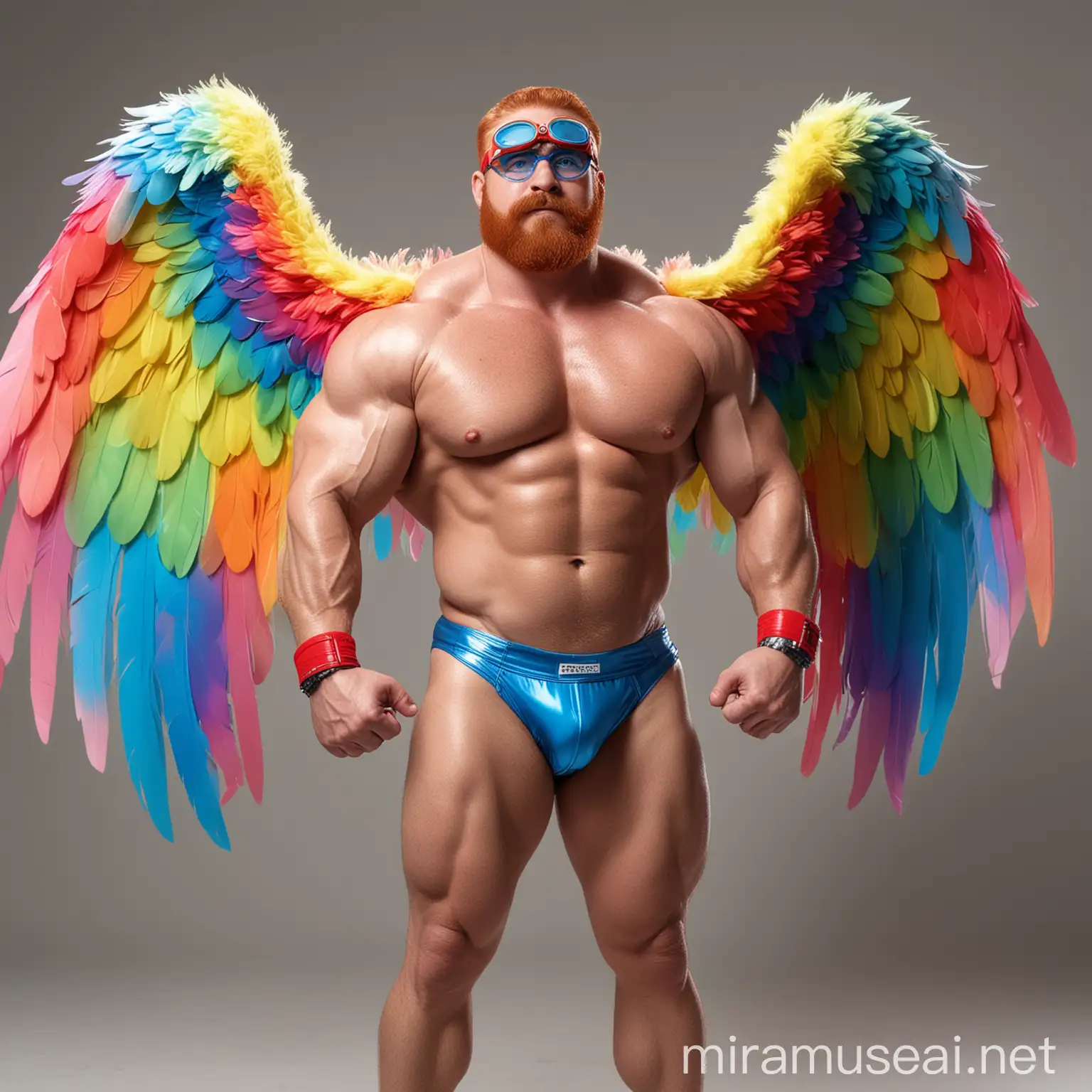 Colorful Bodybuilder Dad Flexing with Rainbow Wings Jacket and Doraemon Goggles