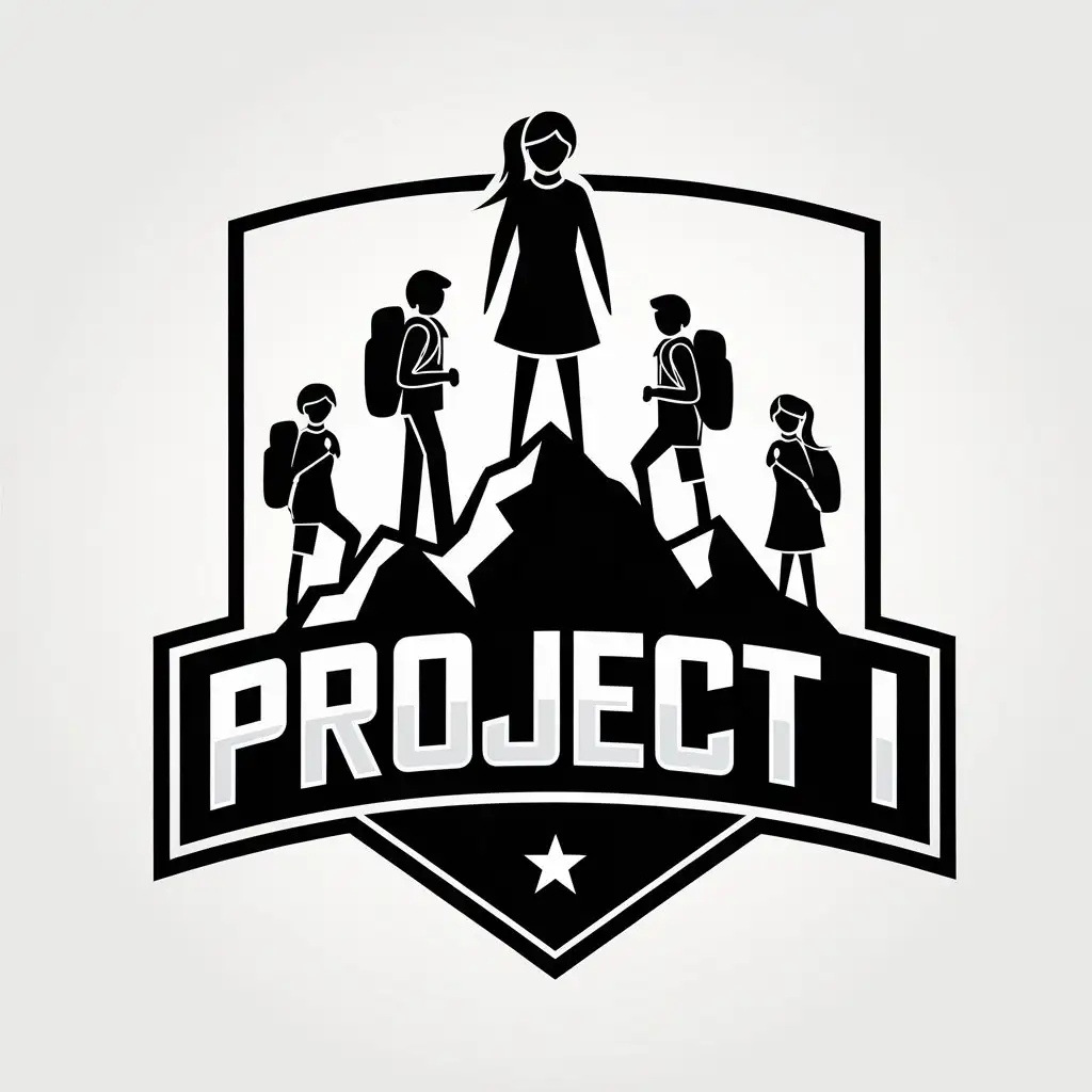 a vector logo design,with the text "Project I", main symbol:A girl is standing on the mountain. Behind her are two boys with backpacks and two girls with backpacks. Travelers. Black and white colors.,Moderate,be used in Travel industry,clear background