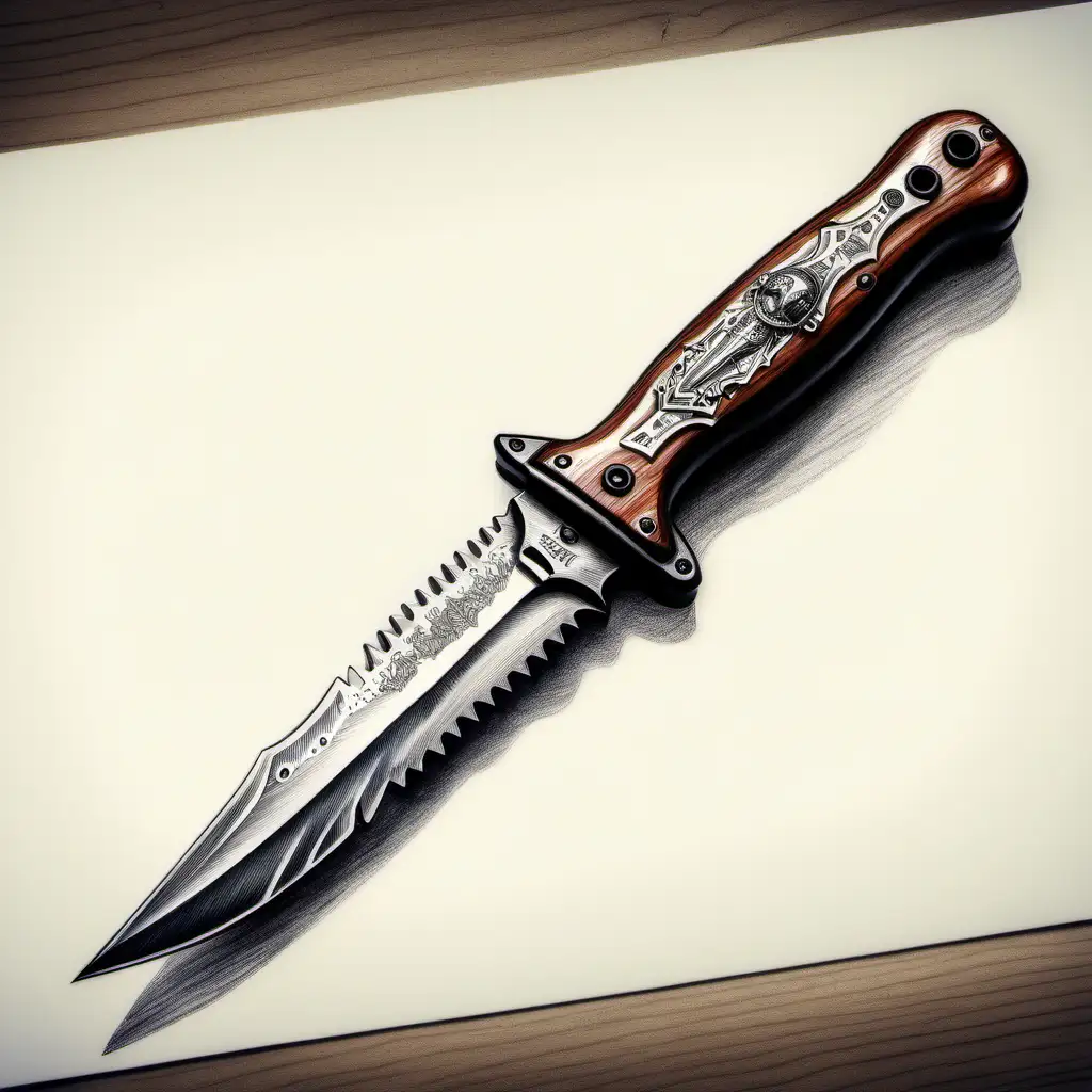 Detailed Pen Drawing of a Navy SEAL Combat Knife with Wooden Handle