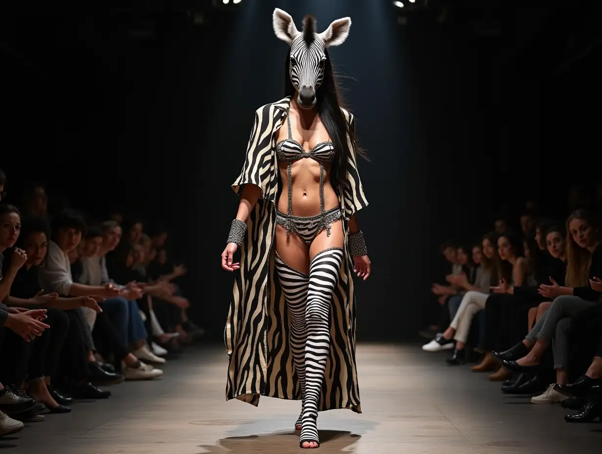 CI-Fantasy, a mix of woman and zebra head fashion design with beautiful costume made of cowhide, shoes at a fashion show