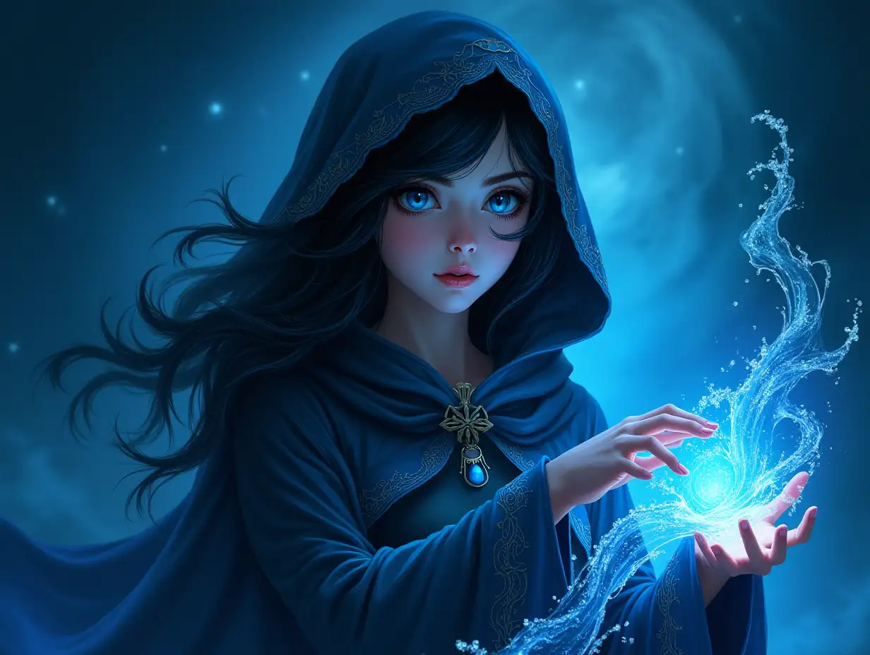 A young woman with dark hair and bright blue eyes manipulates flowing water. She wears a dark, hooded cloak with intricate, glowing details. The background is a swirling, dark blue, suggestive of a night sky, moon, twinkles or deep water. The overall style is fantasy, with a focus on magic and mystical elements. The lighting is dramatic, highlighting the woman and the water she controls.  Detailed, sharp focus, digital painting, realistic, HD