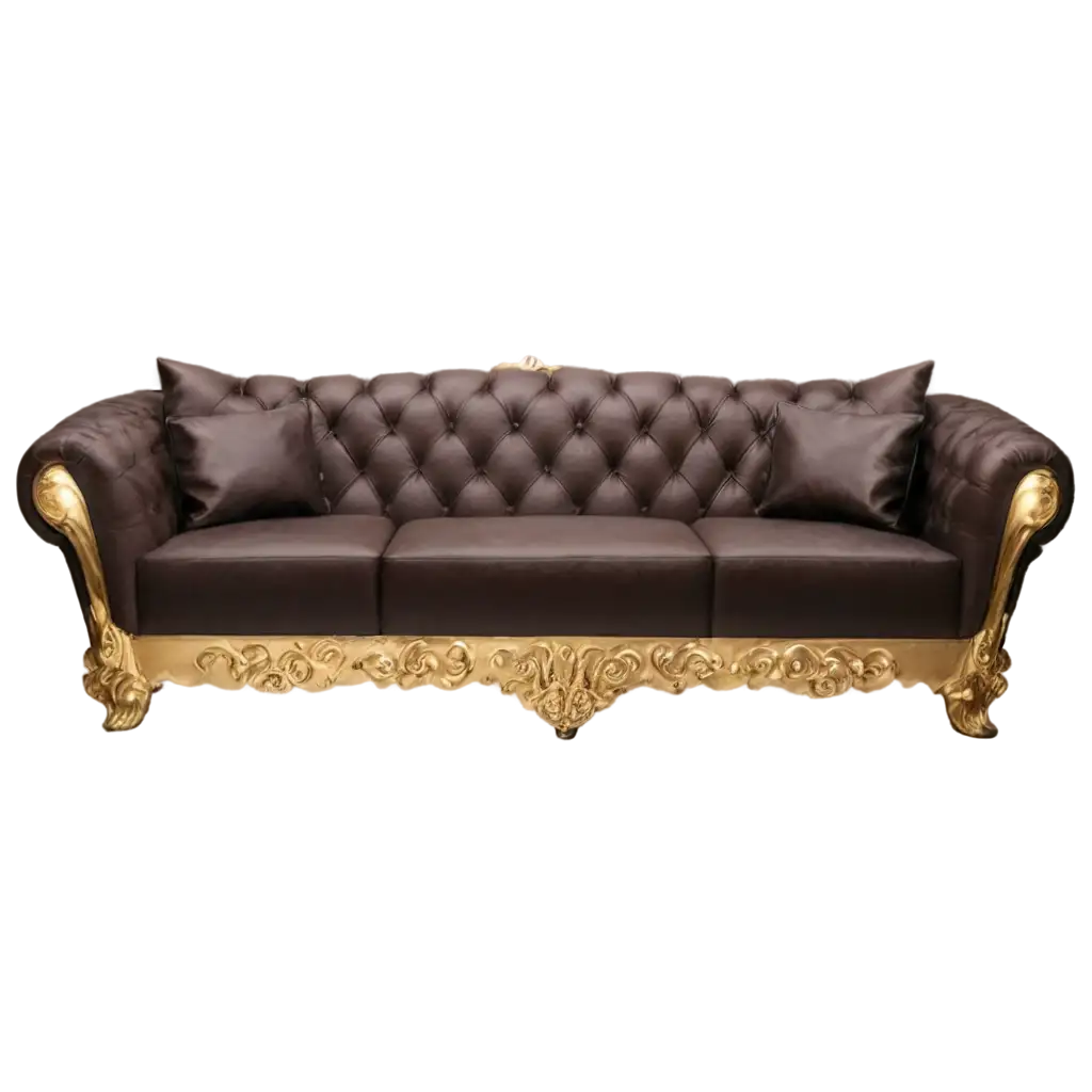 Elegant-Royal-Sofa-PNG-with-Golden-Borders-and-Dark-Brown-Leather