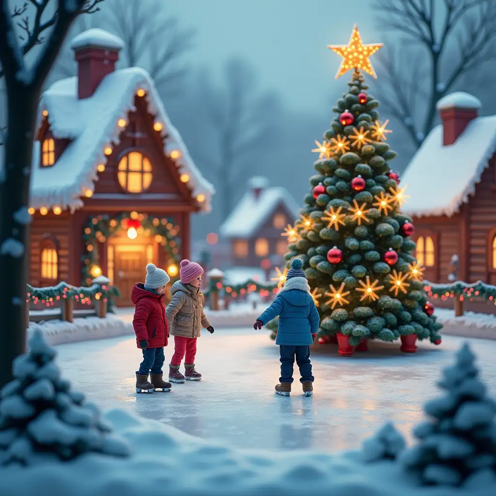 Ice rink with children and Christmas tree in a fairy tale village with multicolored garlands, surrounded by a decorated fence, blurred background