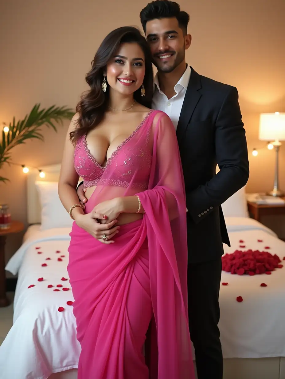 A stunning full-body Indian desi bhabi standing in a romantic embrace, smiling warmly. She has a curvier figure with a cute, beautiful round face and is wearing a half saree of light fuchsia color. Saree is plain and of net material. She is wearing a sleeveless, deep v neck short blouse showing cleavage, navel, and waist. Bra has small cups, enhancing the stylish modern western look. She has a fair, radiant white skin tone. She is a little fuller. She has big earrings and open hairs, some hair coming on her cheek. She has heels in her leg. The handsome, good looking man is dressed in a well-fitted, stylish dark suit standing behind her and also has a fair white skin tone. Both looking straight at camera on front side. The background features a beautifully decorated bedroom with a white bedsheet, flowers and rose petals on the bed enhancing the intimate and romantic atmosphere.