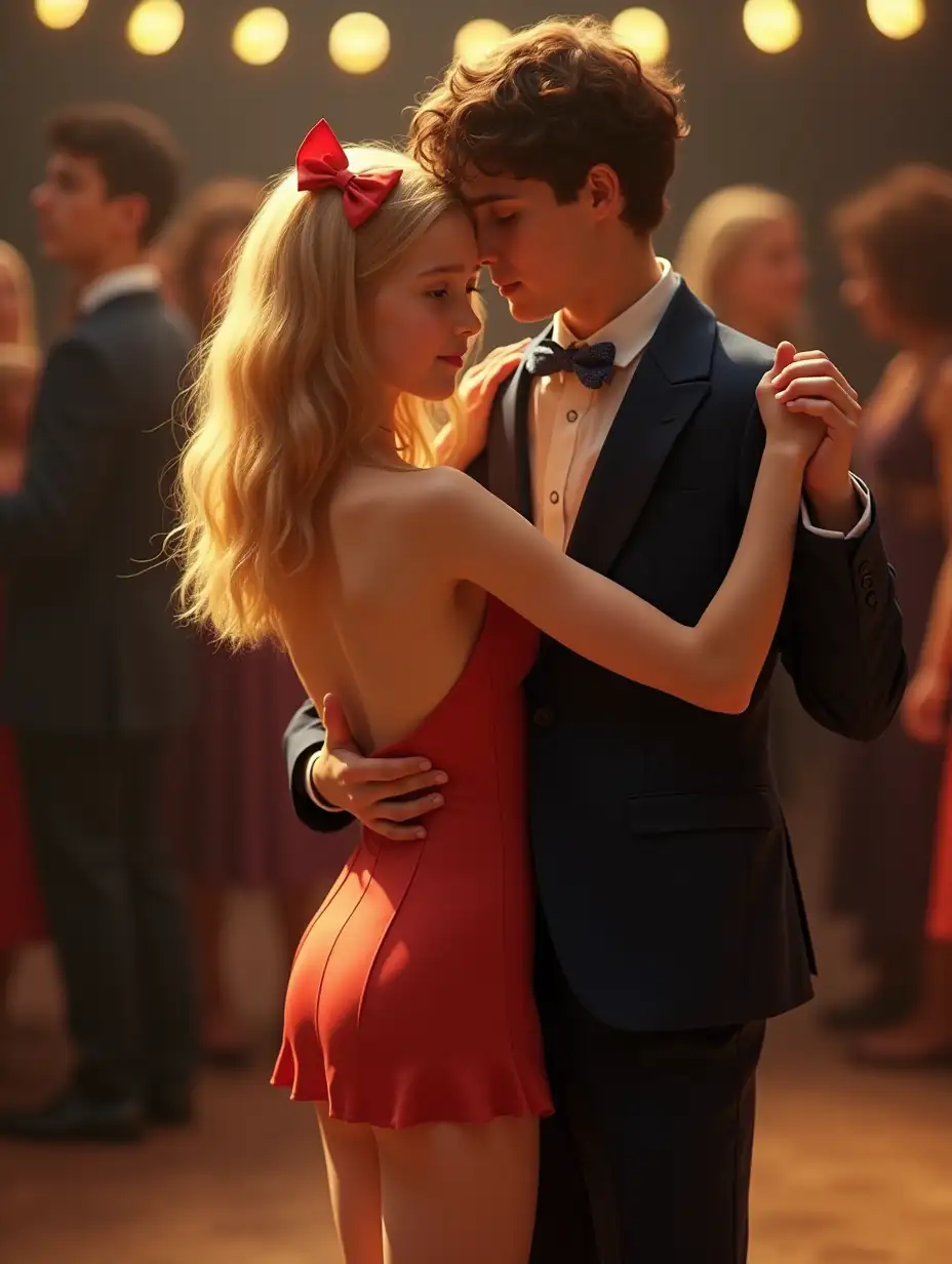 Slender little girl, shiny skin, wavy blonde hair, bows, skintight backless minidress showing a lot of skin, legs visible. She is dancing with her brown haired boyfriend at the school dance. He is holding her tightly.