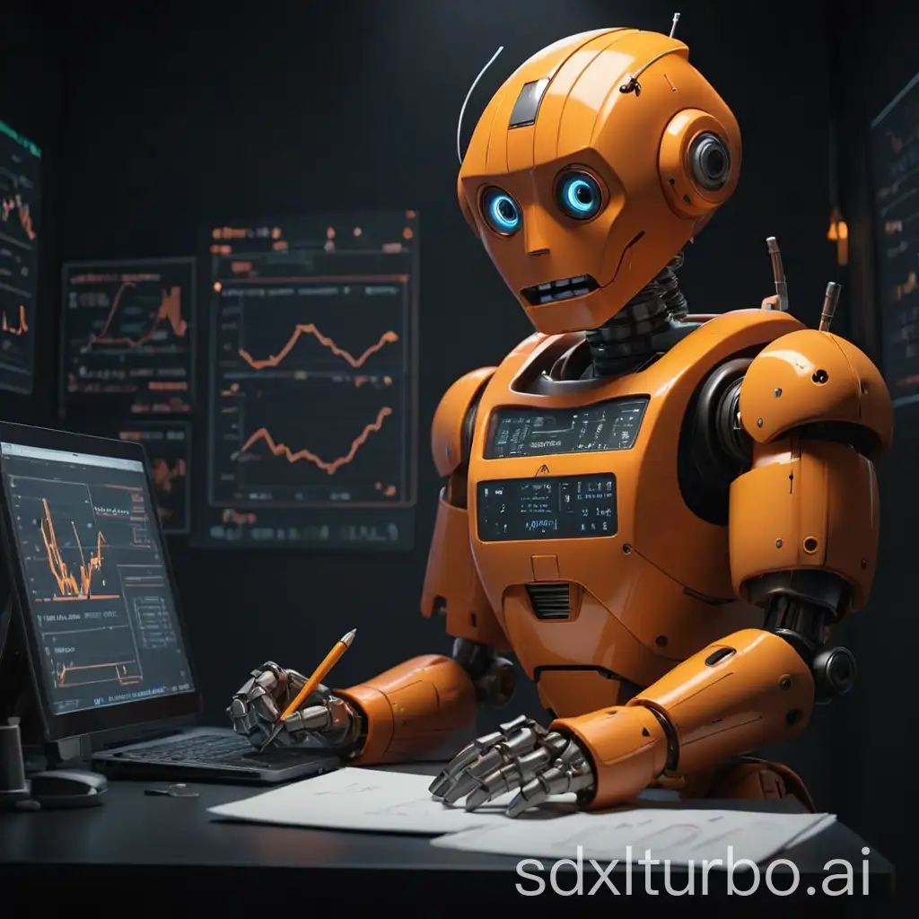 An orange robot writing a report in a dark room with bright graphs and statistics