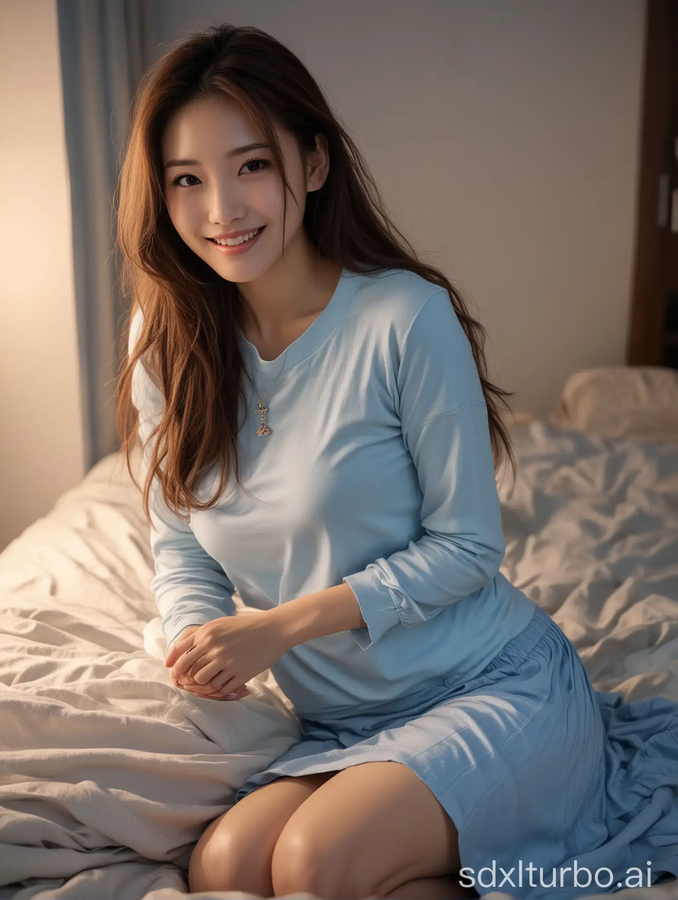 Chinese-Woman-with-Sweet-Smile-on-Winter-Night-in-Light-Blue-TShirt-and-Long-Skirt