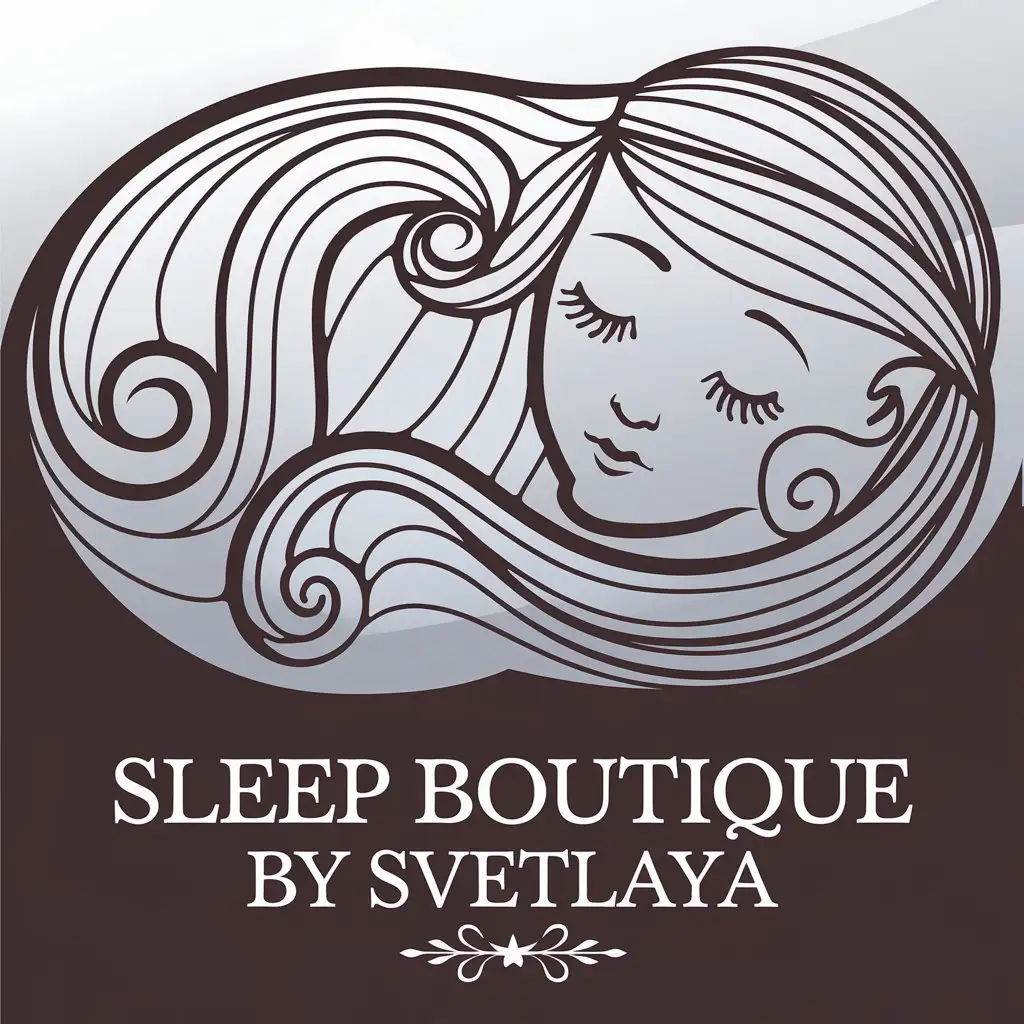 a vector logo design,with the text "Sleep boutique by Svetlaya", main symbol:Dream symbol, face of a sleeping girl. Long hair forms a circle around the face.,Moderate,clear background