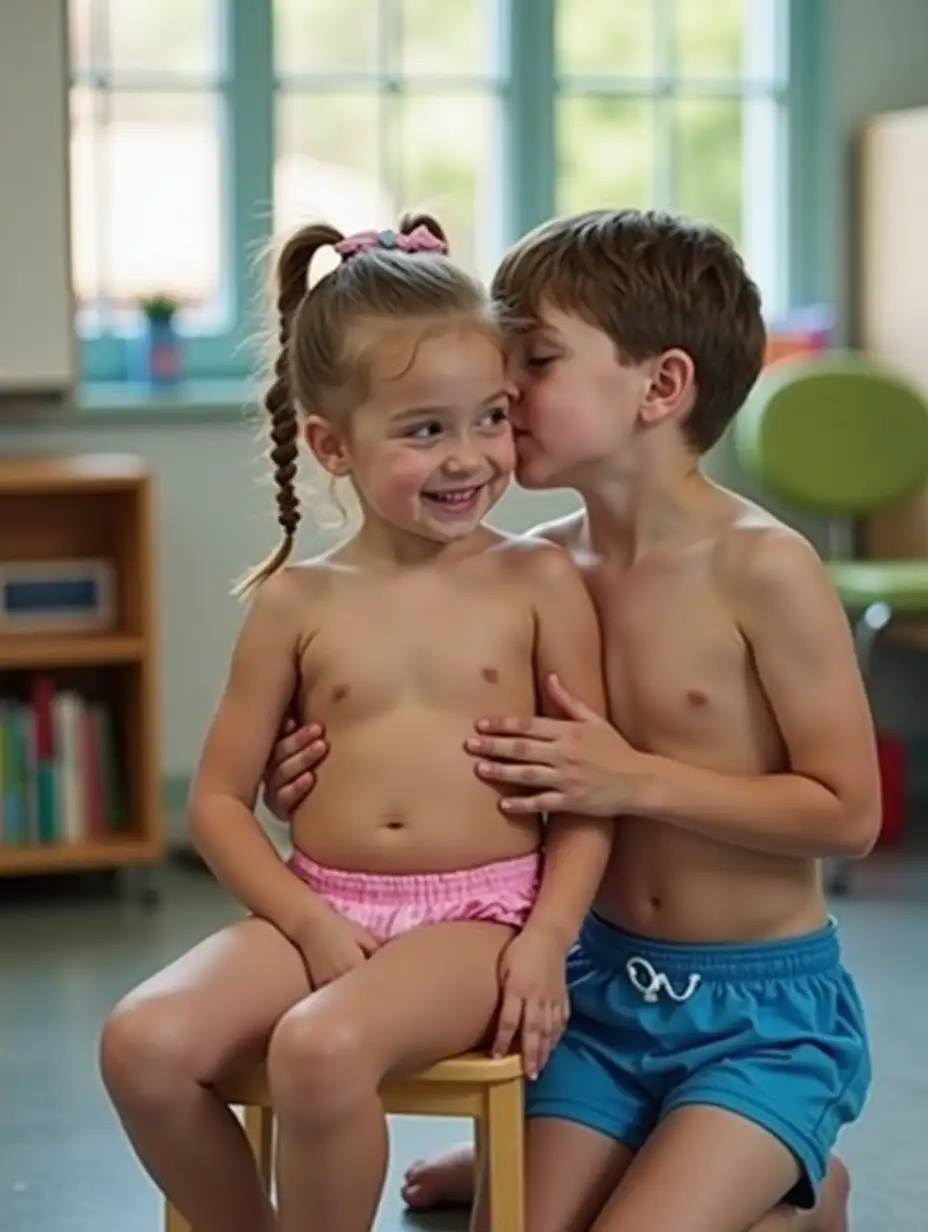 Adorable-Little-Girl-in-Pink-Swim-Trunks-and-Boy-in-Blue-Swim-Trunks-Showing-Affection-in-Classroom