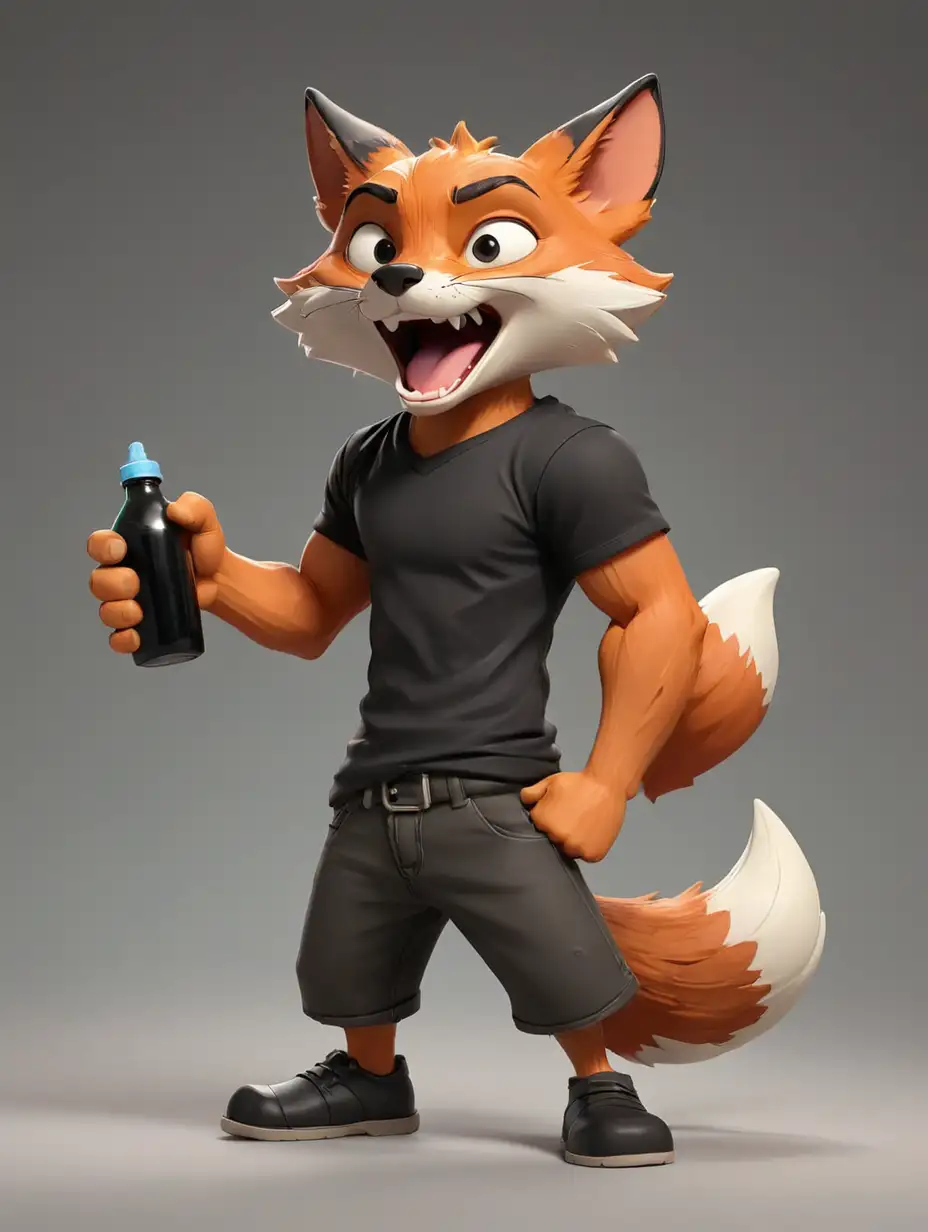 Cartoon Fox Figurine Holding Bottle and Making a Fist