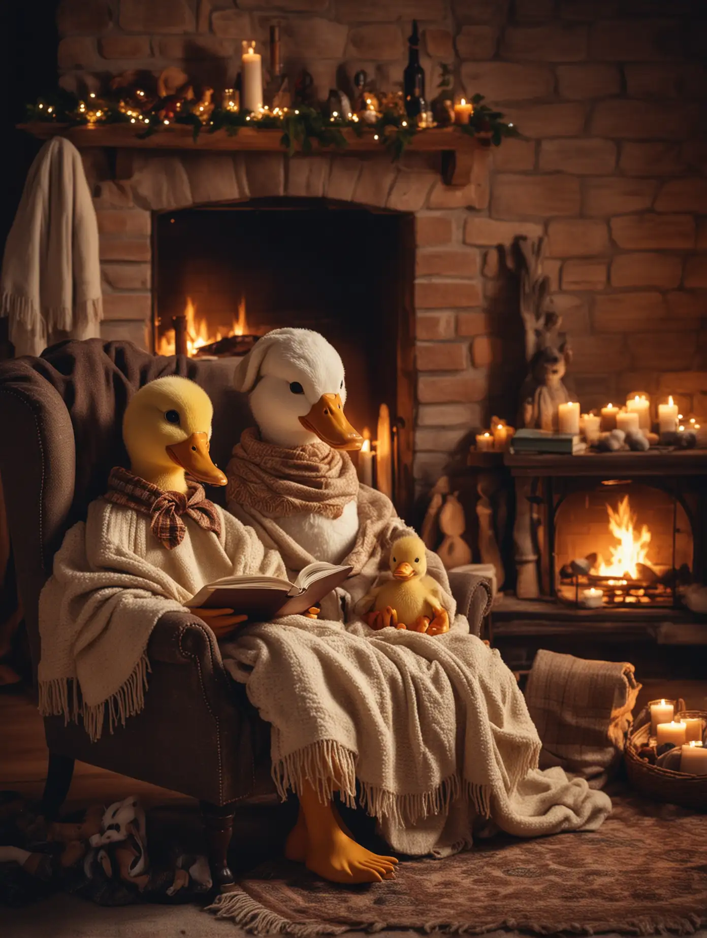 a cozy christmas photo with an anthropomorphic duck and her duckling, duck heads, human body, sitting in a chair and reading a book, a child attentively listens covered with a blanket, the fireplace is lit, christmas and holiday atmosphere