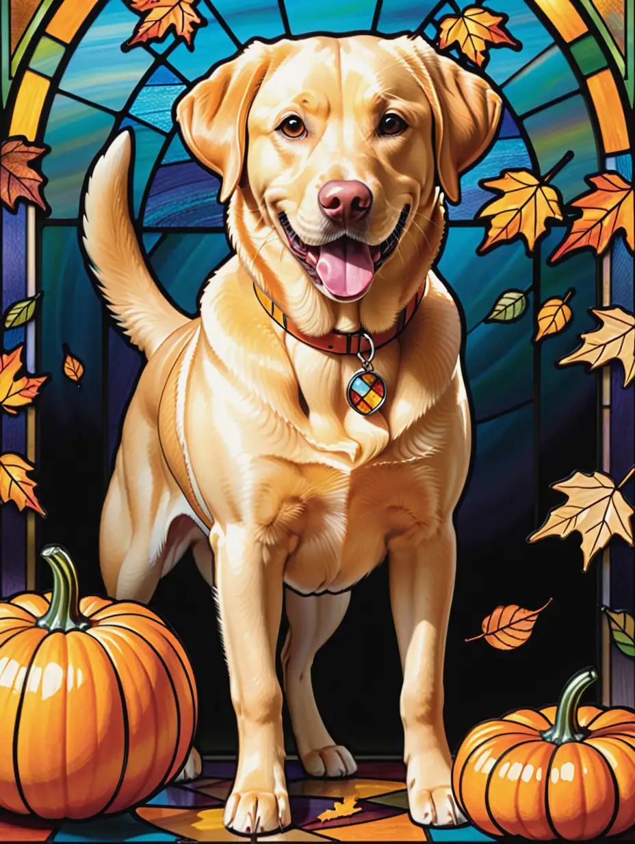 Happy Labrador Retriever Dog with Pumpkin and Fall Leaves in Stained Glass Design