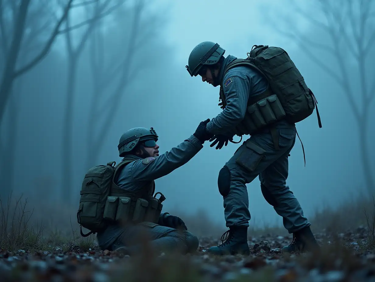 soldier on blue accent realistic environment helping another soldier by picking him up by giving him his hand , trying to help a fallen soldier get up from ground