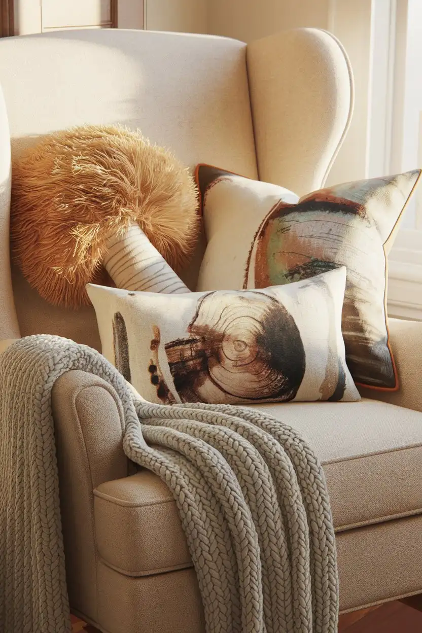 A close-up shot of a cozy armchair in a sun-drenched reading nook. The armchair is adorned with several plush throw pillows. One prominent pillow is shaped like a fluffy Truffula tree top, made of soft, textured fabric in swirling patterns of pink, coral, and cream. Another pillow is rectangular with a subtle, abstract print reminiscent of a Truffula trunk. A soft, knitted blanket is draped over the arm of the chair. The lighting is warm and inviting. Style: Cozy, whimsical, and photorealistic.