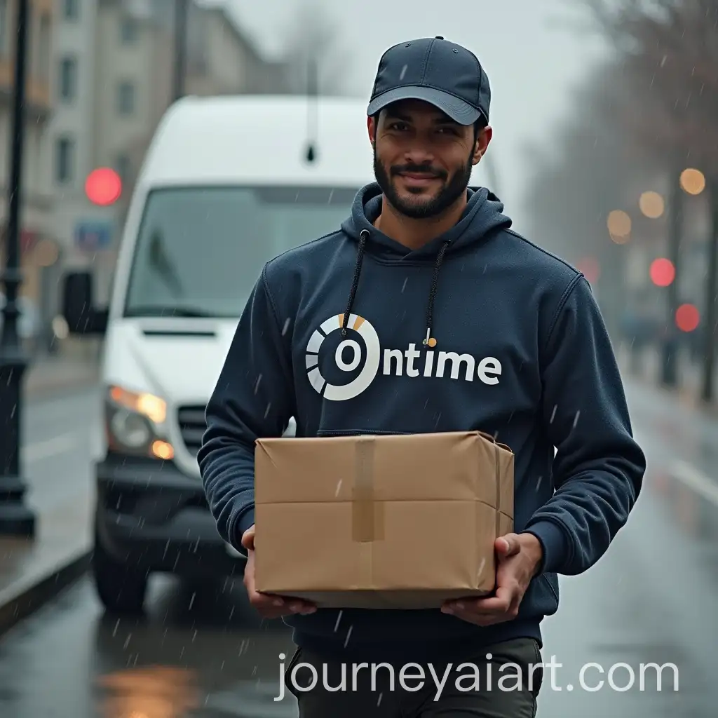 Deliveryman-with-Ontime-Sweater-Carrying-Package-on-Rainy-Day